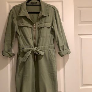 Olive Utility Tie-Waist Jumpsuit with Zip Front